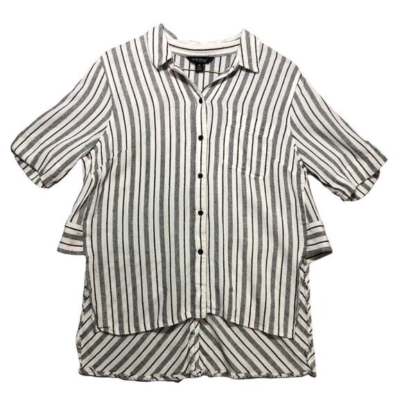 Lucky Brand Women's M Black Striped Boxy Button-Up Short Sleeve Shirt Summer - Picture 1 of 14